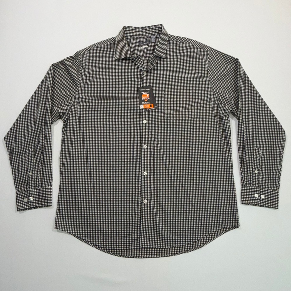 Van Heusen Shirt Men XL NWT Black Gingham Check Stain Shield Wrinkle Free Office